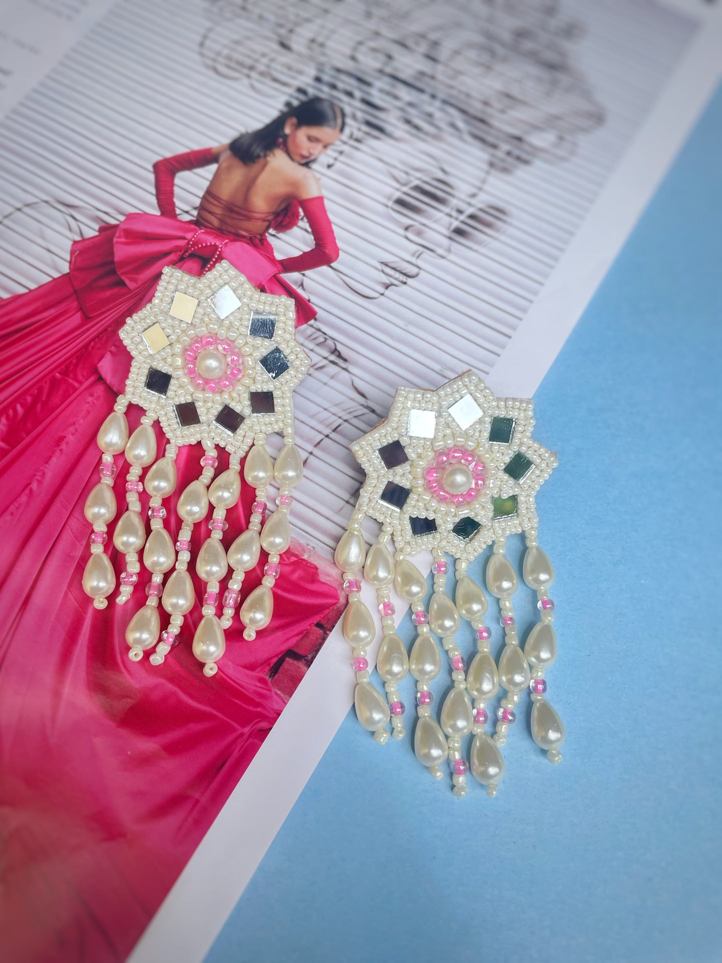 Pink Mirror Statement Danglers Earrings