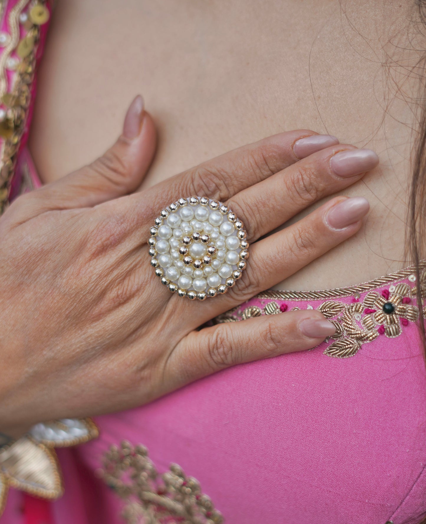 Ruh Pearl Golden Cocktail Ring