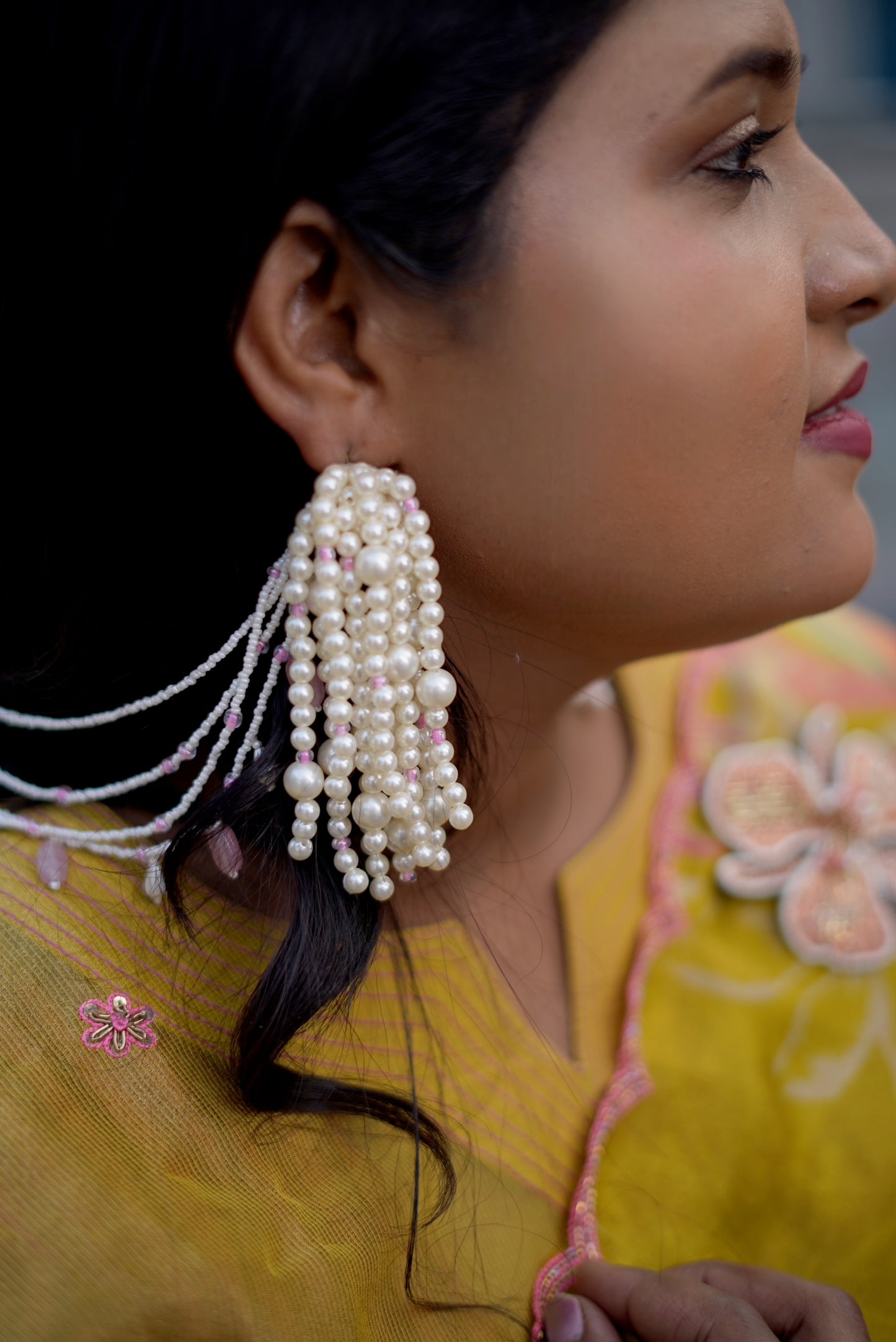 Pearl Hanging Earrings with Hair Extension